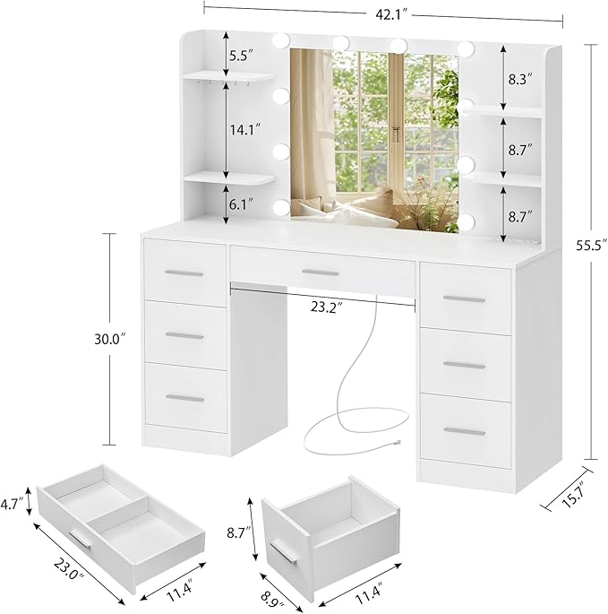Quimoo Large Vanity Desk with LED Lighted Mirror & Power Outlet,Makeup Vanity Table with 7 Drawers,4 Shelves and 5 Hooks,Vanity Table, Vanity Desk Set for Bedroom,Bathroom,White