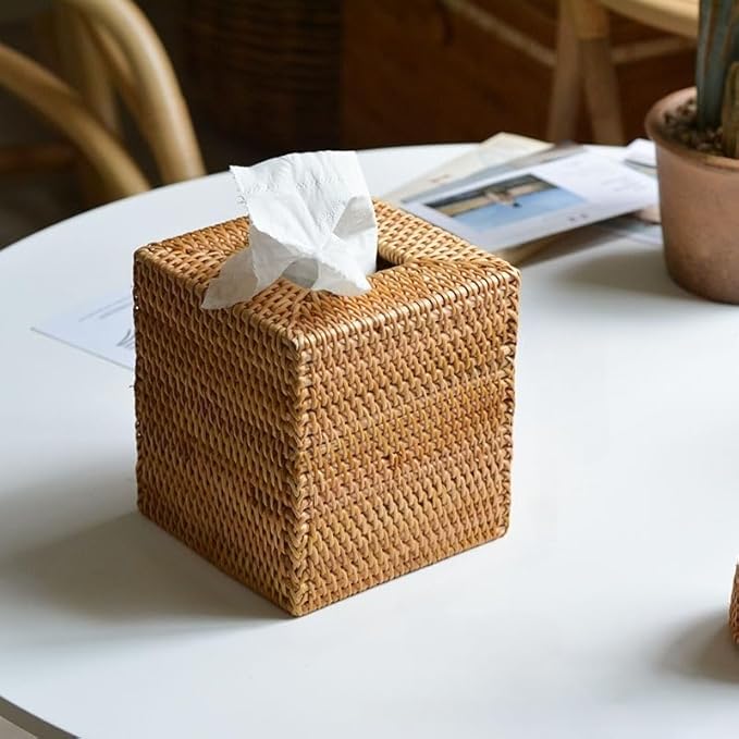 2 Pack Rattan Tissue Box Cover Square, Wicker Tissue Box Holder, Decorative Woven Facial Tissue Holder for Bathroom, Kitchen, Living Room, Bedroom (5.5 x 5.5 x 5.7 inch, Natural)