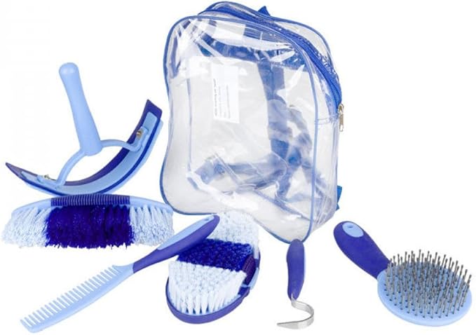 HORZE 6-Piece Easy Clean Horse Grooming Set with Convenient Storage Bag - Blue/Light Blue - One Size