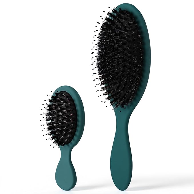 2 Pcs Green Boar Bristle Hair Brush Set Full-size and Travel Size Soft Boars Hairbrushes Natural Bristle Detangling Brush for Women Men Thick Curly Hair Detangling Soften Silky Shine