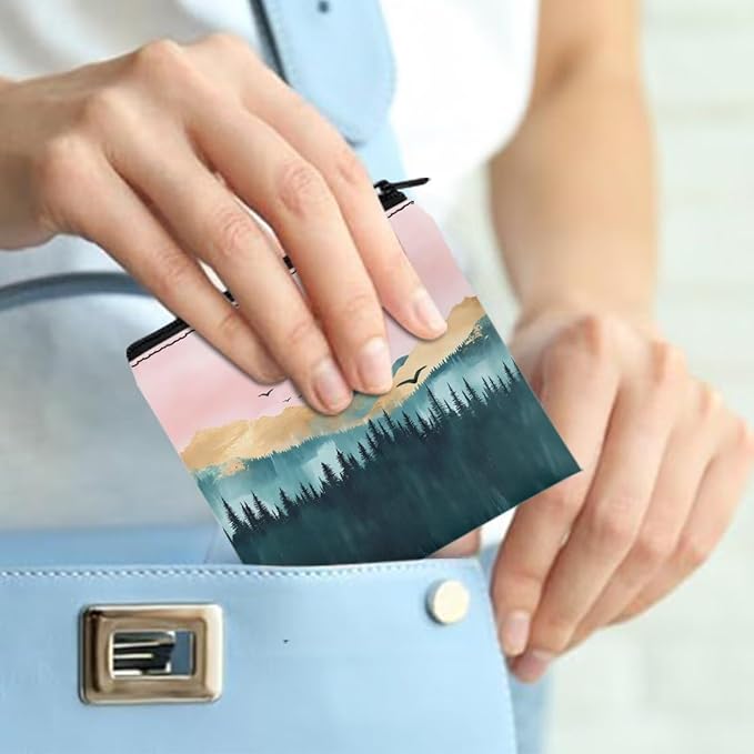 Women Period Bags Waterproof Novelty Landscape Printed Pink Sanitary Napkin Storage Bag Organizer for Daily Use