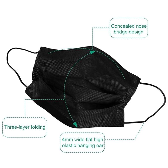 NNPCBT Black Disposable Face Masks 50PCS 3 Ply