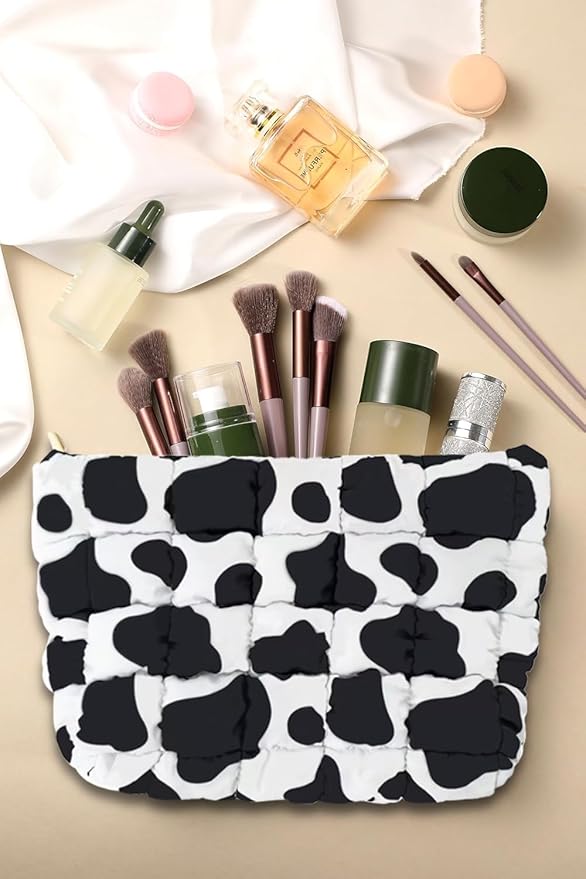Puffy Quilted Makeup Bag, Cosmetic Bag, Travel Toiletry Organizer Pouch, Clutch for Women (Cow Print)