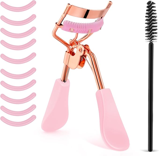 Beauty Eyelash Curler Stainless Steel Eye Lash Curler with 10 Silicone Refill Pads Professional Makeup Tool with Built-in Comb for Women Girls Any Eye Shapes