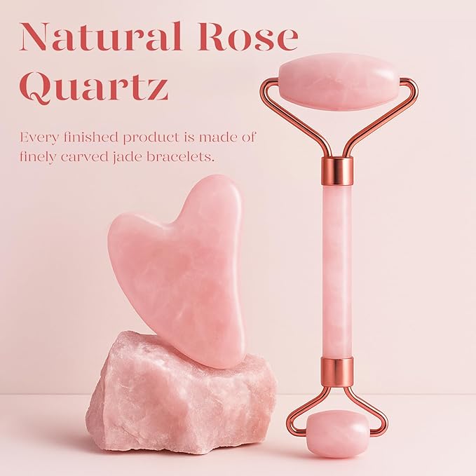 BAIMEI IcyMe Jade Roller & Gua Sha, Face Roller Redness Reducing Skin Care Tools, Self Care for Men Women, Massager for Face, Eyes, Neck, Relieve Fine Lines and Wrinkles - Rose Quartz