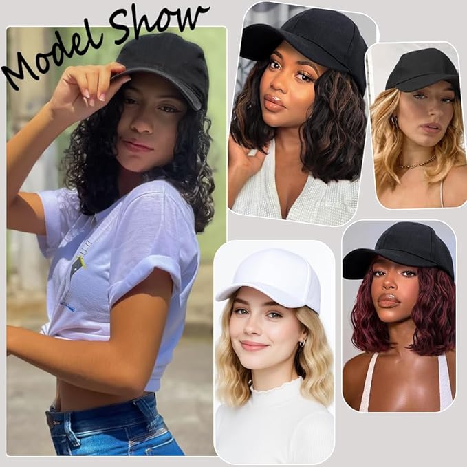 GUOJIAN Hat Wigs for Women 6' Short Wave Baseball Cap Wigs with Curly Hair Extensions Synthetic Wave Wig Adjustable Hat with Hair Attached for Daily Use (1B/30, 6inch)