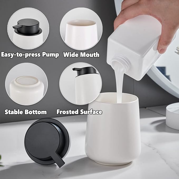 12Oz White Soap Dispenser Set - Ceramic Lotion Hand Soap Dispenser Set with Easy-to-Press Black Pump, Refillable Mordern Liquid Dish Soap Dispensers for Bathroom & Kitchen, 2 Pack