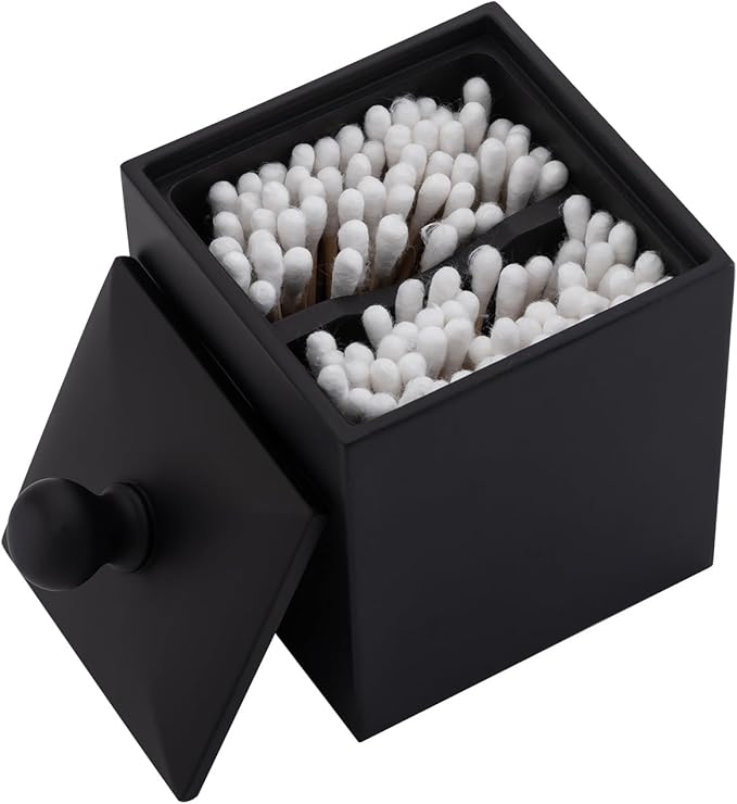 Cotton Swab Holder with Lid, Square Qtip Holder Bathroom Black, 2 Slot Resin Cotton Ball Canister Jar Cosmetics Makeup Countertop Organizer Containers Canister Apothecary Jar, Matte Black