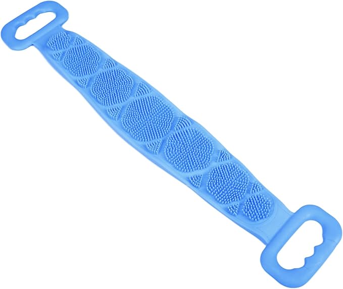 Silicone Bath Body Brush with Strong Tensile Strength - Hangable Back Cleaning Bath Strap - Blue DoubleSided Back Scrubber for Shower & Body Wash (Blue)