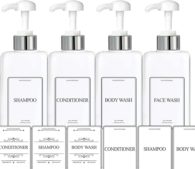 Empty Plastic Square Bottles Pump Shampoo Conditioner Body Wash Face, in Shower Bathroom Dispenser, Waterproof Permanent Labels, 27oz 800ml Set of 4 (White Plastic, Silver White Pump)
