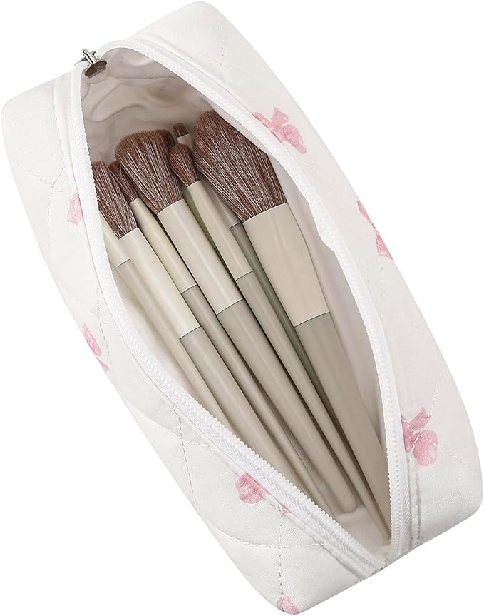 Cute Floral Makeup Brush Bag Small Cotton Quilted Cosmetic Bag for Women Travel Toiletry Zipper Make Up Pouch (Pink Small Bowknot)