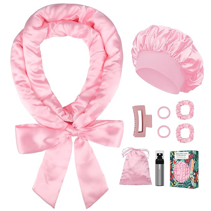 Satin Heatless Curls Overnight Hair Curlers to Sleep In Hair Curler Rollers No Heat Hair Wrap for Curls Headband, 70" Satin Heatless Curling Rod Set for Women Long Waves Hair Volume -Pink 9PCS