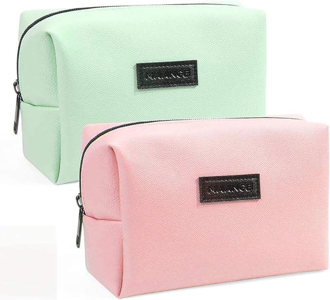 MAANGE 2 Pcs Small Makeup Bag For Purse, Travel Cosmetic Bag Makeup Pouch PU Leather Portable Versatile Zipper Pouch For Women (Pink+Green)
