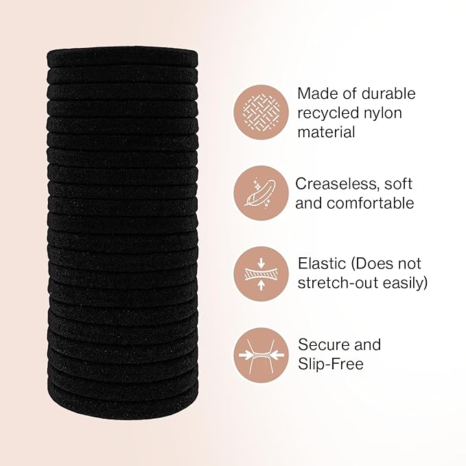 Kitsch Nylon Hair Ties No Damage - Stretchable Hair Bands for Strong All-Day Hold, Ponytail Holders | Hair Accessories for Girls | Ideal Gifts for Women - Black, 20 Pcs