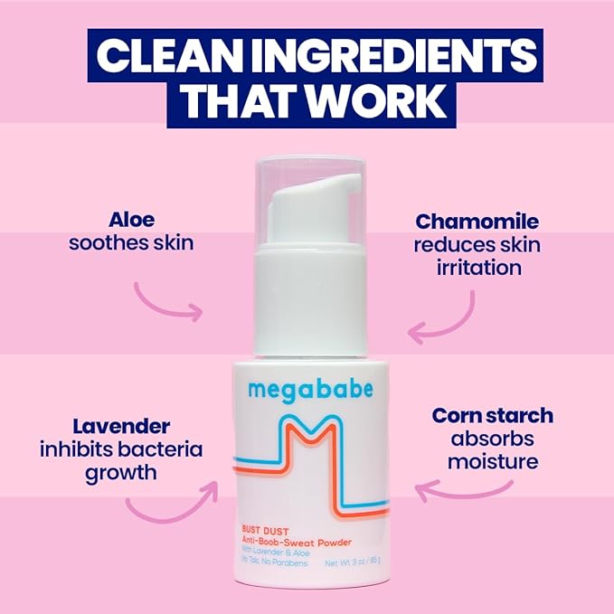 Megababe Sweat Absorbing Body Powder - Bust Dust, with Applicator Pump, Spring Break Must-Have, Talc-Free, All Natural, 3 oz