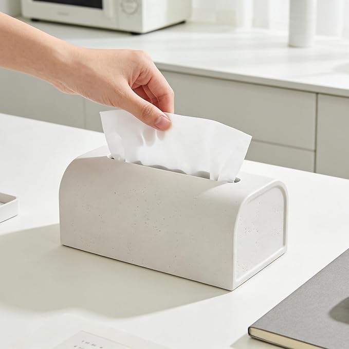 Tissue Box Cover Rectangle, Resin Decorative Facial Tissue Holder Covers Toilet Paper Holder Travertine Stone Look Paper Dispenser Home Decor for Bathroom Bedroom Living Room Office - Off White