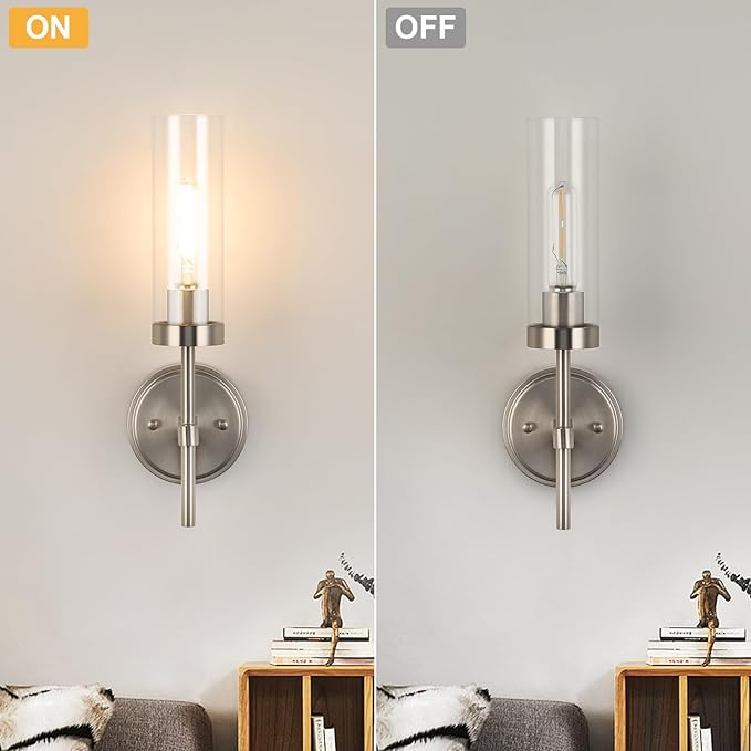 WILON Bathroom Wall Sconces Set of 2, Brushed Nickel Vanity Lights for Bathroom, Indoor Wall Light Fixtures with Clear Glass Shades, Wall Lamp for Mirror Bedroom Living Room Bedside Hallway