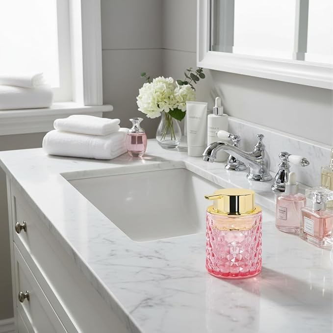 2pcs Pink Glass Foaming Soap Dispenser, Bathroom Refillable 10 Oz Foam Hand Soap Dispenser, Vintage Lotion Shampoo Container Gold Large Pump Bottle for Bathroom Countertop and Kitchen Decor