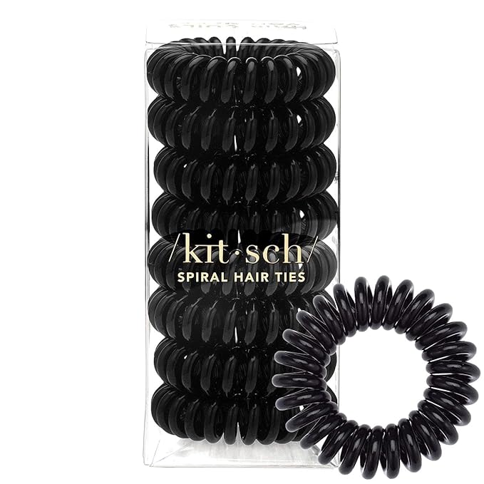 Kitsch Spiral Hair Ties for Women – Coiled Plastic Hair Ties No Damage, Ponytail Holders for Thick and Thin Hair – Creaseless and Dent-Free, Phone Cord Style | Ideal Gifts for Women - Black, 8 Pcs