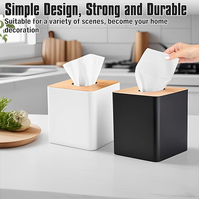 RETON 2 Pack Tissue Box Cover, Square Plastic Tissue Holder with Bamboo Cover Plate, Cube Black White Paper Organizers for Living Room, Office, Home Decor, Night Stand