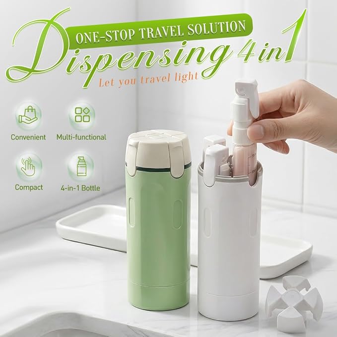 2026 New 4 in 1 Travel Dispenser Bottle, 4 Pack 30ML Travel Bottles for Toiletries, Leak Proof Travel Size Containers, Portable Containers for Shampoo Lotion Conditioner Cream (White+Green)