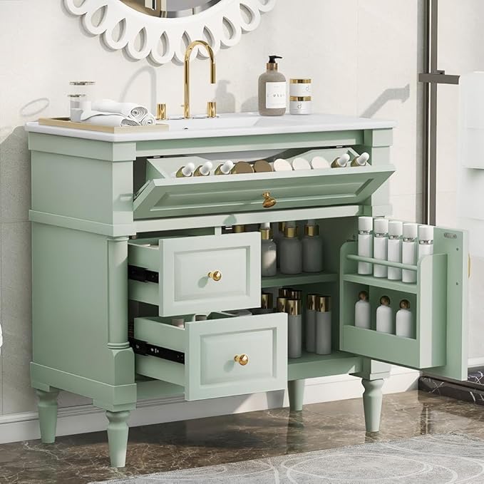 Harper & Bright Designs 36" Bathroom Vanity with Sink, Free Standing Bathroom Vanity Set with Flip Drawer, 2 Drawers, and Adjustable Shelf, Wood Storage Cabinet with Ceramic Basin for Bathroom, Green