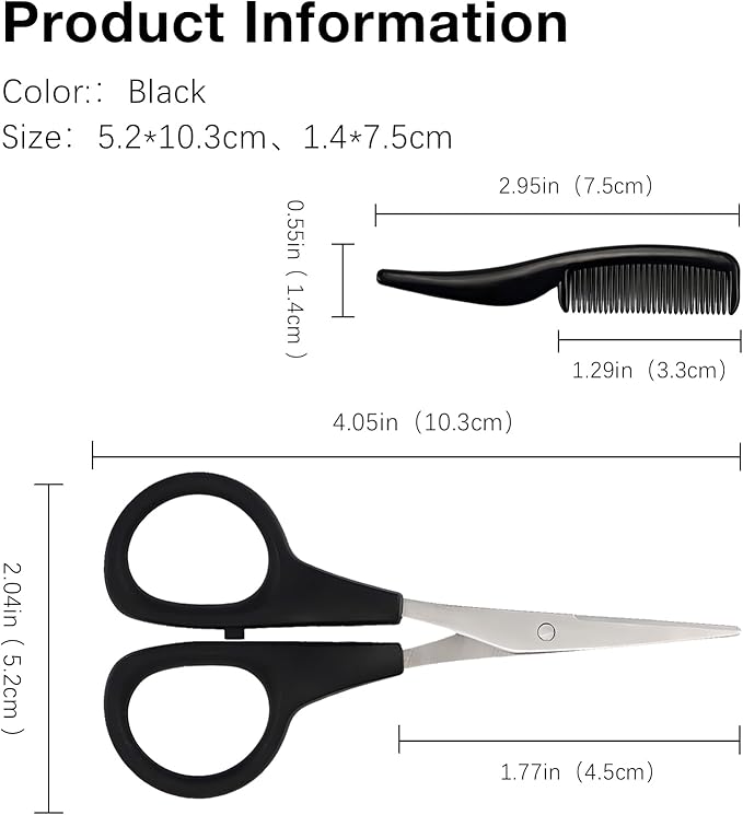 2 Pack Men's Beard & Mustache Scissors & Mini Comb Trimming Kit Black 4 inch