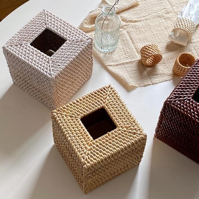 2 Pack Rattan Tissue Box Cover Square, Wicker Tissue Box Holder, Decorative Woven Facial Tissue Holder for Bathroom, Kitchen, Living Room, Bedroom (5.5 x 5.5 x 5.7 inch, Whitewash)