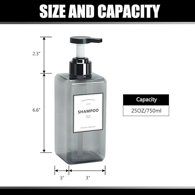Soap Dispenser Bottle with Pump, YACEYACE 25oz Set of 3 Clear Grey Large Capacity Soap Dispenser Bottles Set, Shampoo Dispenser Bottles with Label