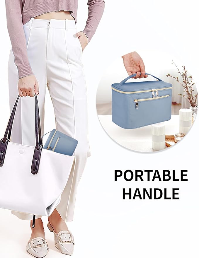Wandering Nature Large Makeup Bag, Travel Make Up Organizer Cosmetic Brush Bags Case for Women in Fabric,Blue,Patent Pending