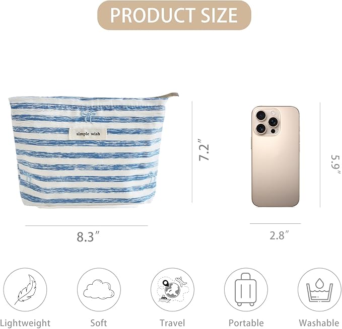 Wudygirl Makeup Bag Travel Cosmetic Bag for Women Small Makeup Pouch Zipper Cosmetic Pouch Handbag Aesthetic (Striped Bow)