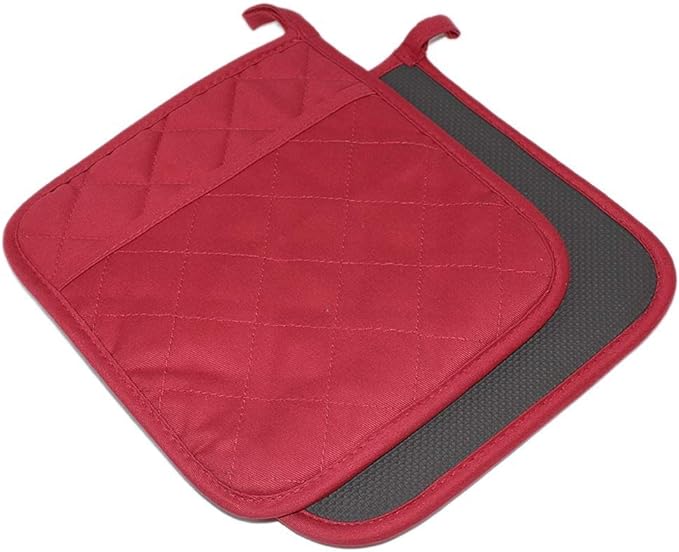 2Pcs Cotton and Neoprene Oven Pads Pot Holders with Pocket 8"x8.5" Dual-Function Hot Pad Set for Finger Hand Wrist Protection Heat Resistant to 428°F,Red