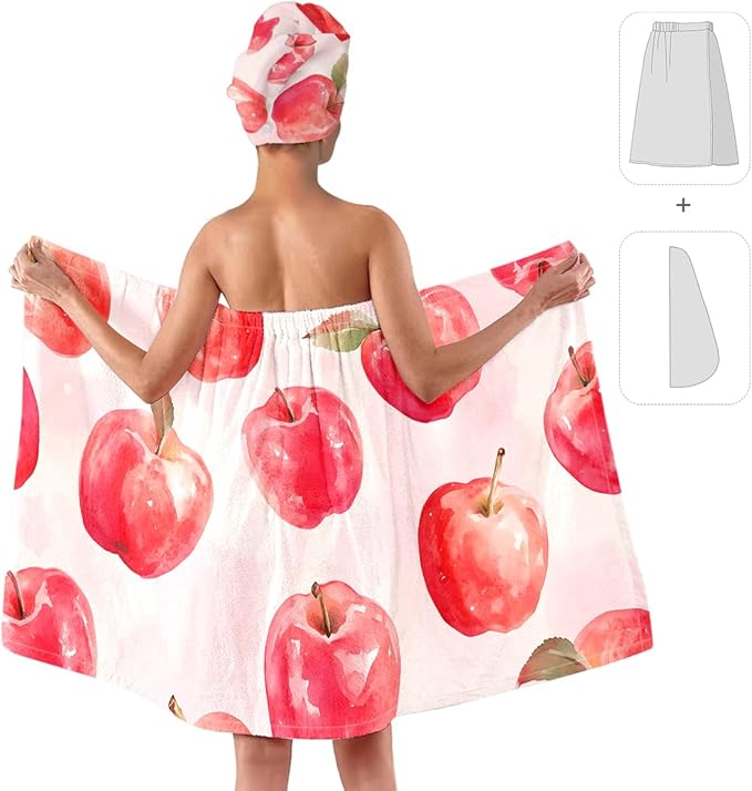 Women’s Watercolor Apple Bath Wrap and Hair Towel Set, Soft Absorbent Microfiber Shower Body Skirt with Elastic Closure, Quick-Dry Lightweight Spa Toweling for Home, Gym & Travel (Apple 2)