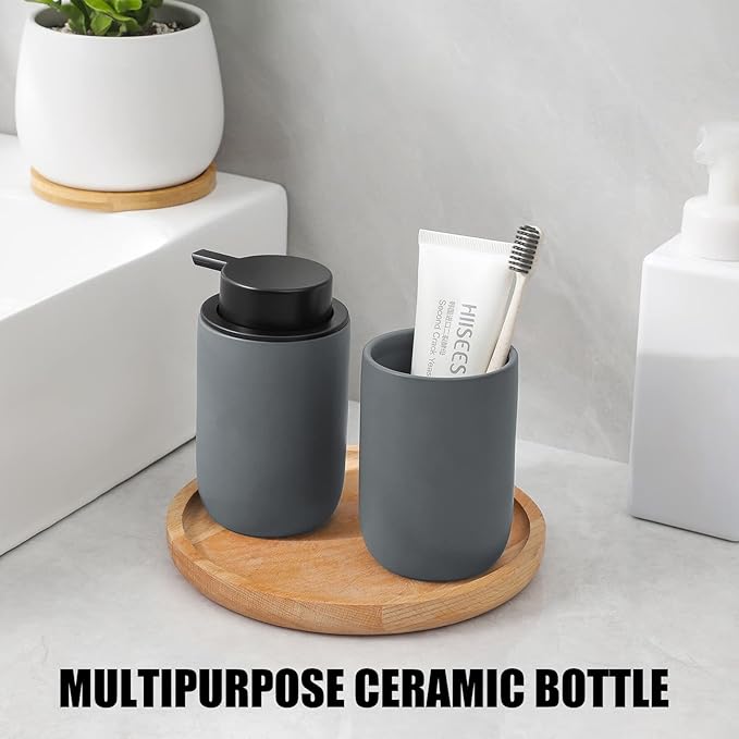 Hand Soap Dispenser for Bathroom Decro, Ceramic Liquid Pump Bottles Refillable Dish Dispenser for Kitchen Farmhouse Colleage Dorm, Matte Grey