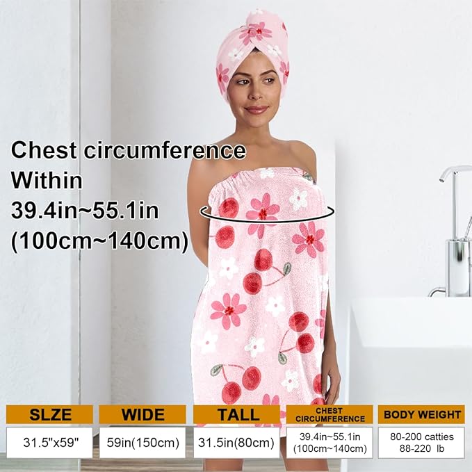 Cherry Blossom Bath Wrap with Hair Drying Towel – Soft Pink Microfiber Shower Skirt and Turban Set for Women, Quick Dry Absorbent Spa Wrap (Cherry 7)