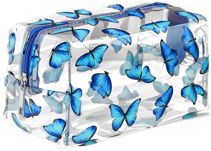 Clear Makeup Bag, Small Clear Toiletry Bag for Travel, Cosmetic Makeup Organizer Bags with Zipper, Plastic PVC Pouch Transparent Zip for Purse Reusable TSA Approved Quart Size (Butterfly)