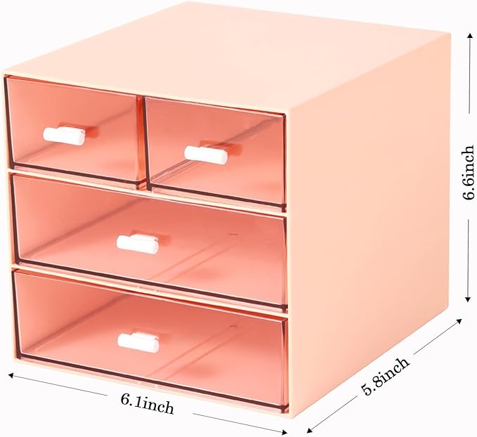 Makeup Organizer with 4 Drawers, Desk Organizer, Cosmetics Storage Box for nail polish, Lipstick, Brushes, Jewelry, Skincare, Bathroom Organization Boxes - Pink