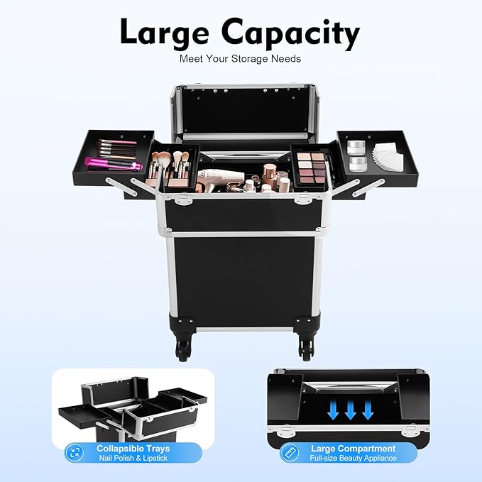 Professional Rolling Makeup Case with Retractable Handle, Aluminum Alloy Cosmetic Organizer with Locks & Wheels, Large Capacity Beauty Travel Case for Makeup Artists, Black