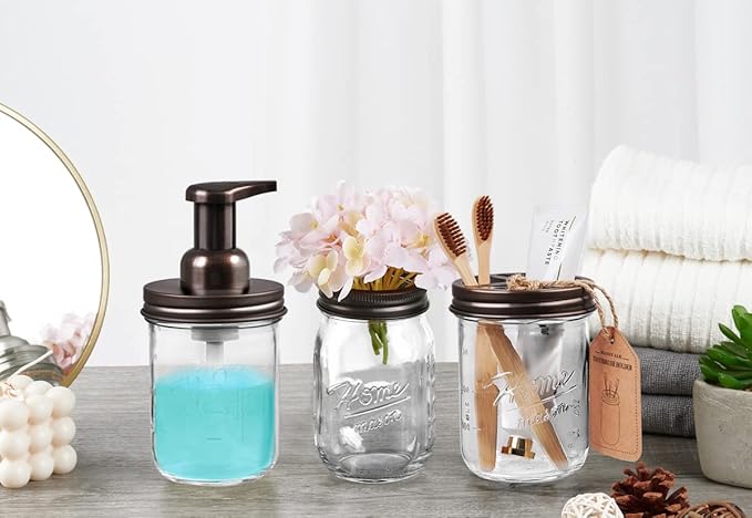 SheeChung Mason Jar Foaming Soap Dispenser, Glass Foaming Hand Soap Dispensers, Stainless Steel Lid, Refillable Foam Soap Dispenser for Bathroom Kitchen, Farmhouse Bathroom Decor (1 Pack, Bronze)