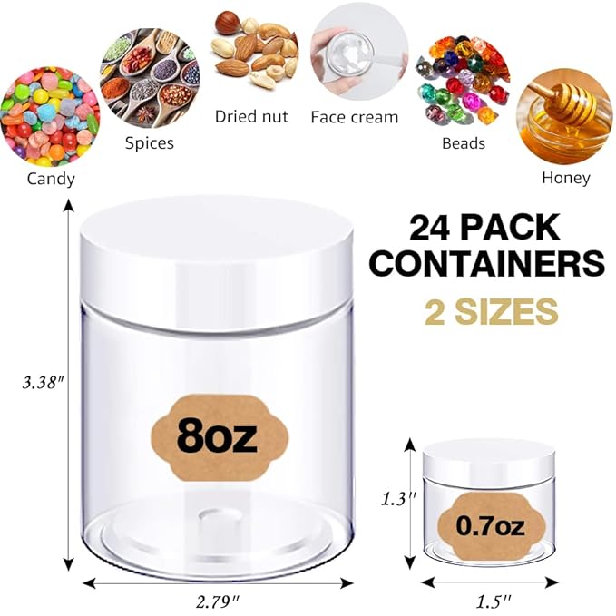 8oz Slime Containers with Lids 8 oz Plastic Jars with White Lids + 20g Sample Jars (Set of 24) Airtight Container for Lip Scrub, Body Butters, Cream, Slime, Craft Storage