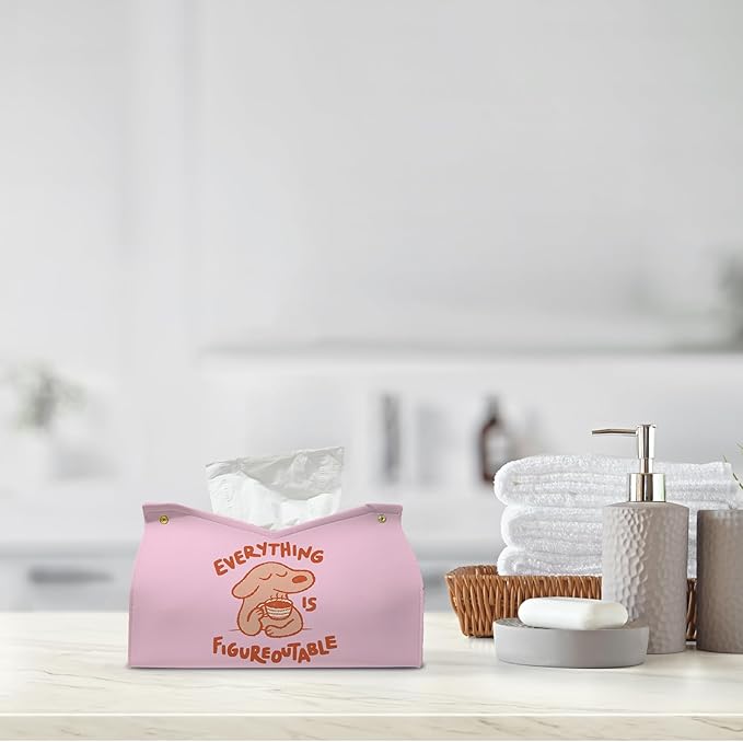 Pink Cute Dog Tissue Box Cover Rectangle,Motivational Toilet Paper Box,Leather Decorative Facial Paper Case for Living Room Bathroom Kitchen Office Desk,Everything is Figureoutable,9.8x5.9x5.9