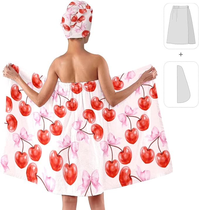 Women's Cherry Bow Towel Wrap and Hair Drying Cap Set – Pink Microfiber Shower Wrap with Red Cherries & Bows – Cute Quick Dry Spa Gift for Girls & Teens (Cherry 2)