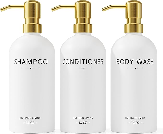 Shampoo and Conditioner Dispenser Set,3 Refillable 16oz Bottles with Stainless Steel Pumps – Shower Soap Dispensers for Bathroom, Hotel or Airbnb (Gold, 3-Pack)