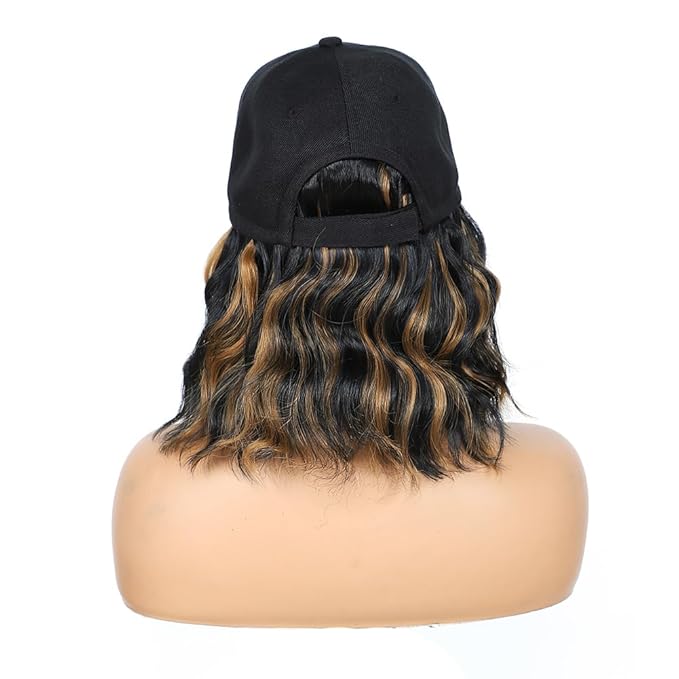 GUOJIAN Hat Wigs for Women 6' Short Wave Baseball Cap Wigs with Curly Hair Extensions Synthetic Wave Wig Adjustable Hat with Hair Attached for Daily Use (1B/27, 6inch)