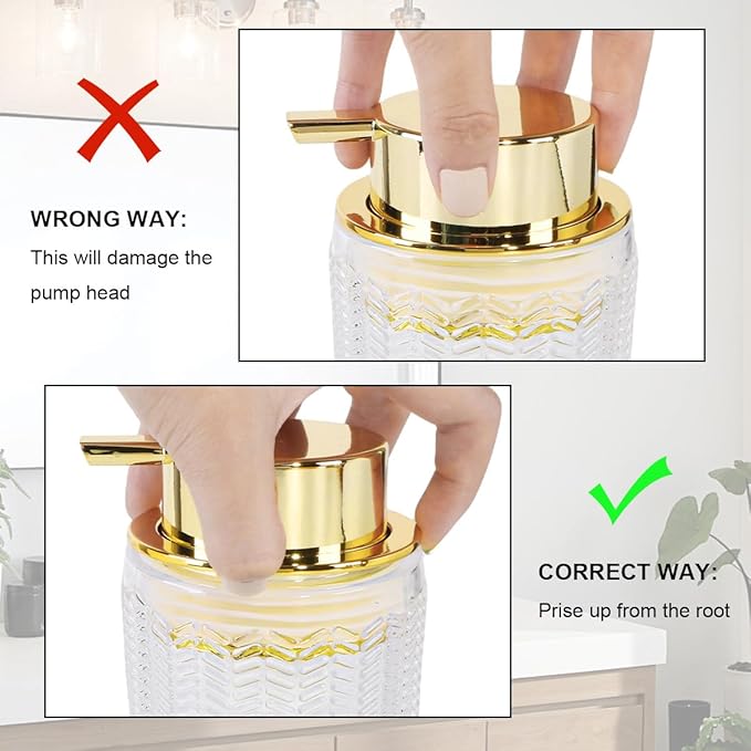 Foaming Soap Dispenser, Glass Foam Hand Soap Dispenser with Pump, 10 Oz Bathroom Refillable Liquid Lotion Pump Creamy Foam Bottle Container for Kitchen Countertop Decor (1, Clear and Gold)