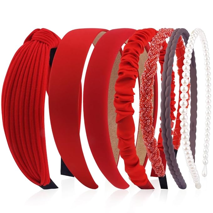 AHONEY 7 Pack Red Headbands for Women Christmas Headbands Trendy Non Slip Hairbands Cute Hair Accessories Multi-style Headband Pack (Red)