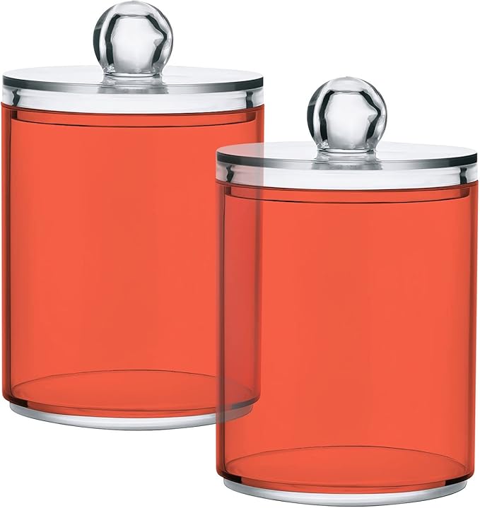 Tomato Red Qtip Holder Organizer Dispenser Cotton Swabs Cans Plastic Jars with Lid Set 2 Pack Bathroom Storage Canister for Cotton Ball Floss Cotton Pads