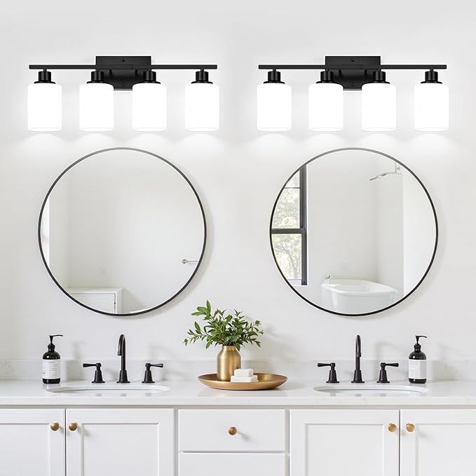 4-Light Bathroom Light Fixtures, Matte Black Vanity Lights with Milk Glass Shades, Modern Bathroom Wall Lamp for Mirror Living Room Bedroom Porch