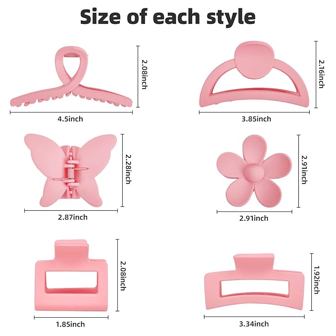 Pink Hair Clips, 6 Pack Cute Hair Clips for Thin Thick Hair 1.85-4.5 Inch Matte Non Slip Jaw Clips Flower Banana Butterfly Claw Clips Hair Accessories for Women and Girls…