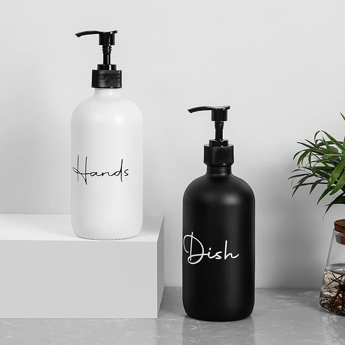 17 oz Hand Soap Dispenser Glass Liquid Dish Soap Bottles, Refillable Empty Lotion Pump Bottles for Bathroom Decor, Kitchen Sink, Matte Design, Black + White, Pack of 2